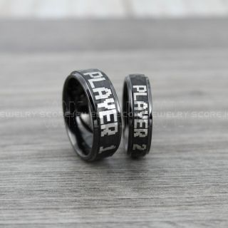 Gamer Rings, Player 1 Player 2 Rings, Gamer Jewelry, Hammered Black Tungsten Rings, Black Wedding Bands, 2 Piece Couple Ring Set, Gamer Rings