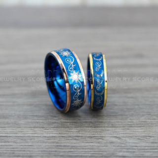 Sun and Moon Rings, 2 Piece Couple Set Tribal Sun and Moon Wedding Bands, Tribal Sun and Moon Rings, Blue Rings, Blue Tungsten Bands, Sun and Moon Wedding Bands