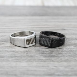 10mm Stainless Steel Band with Rectangular Top American Flag Laser Engraved Black or Silver Retro Punk Ring