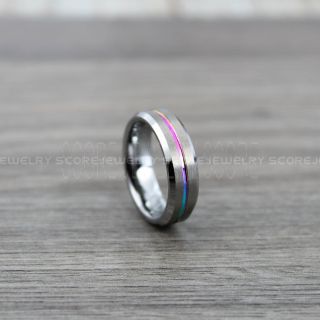 Rainbow Ring, Pride Ring, Pride Jewelry, Rainbow Wedding Band, Silver Tungsten Band Beveled Edge Center Rainbow Groove, 6mm Silver Tungsten Wedding Band