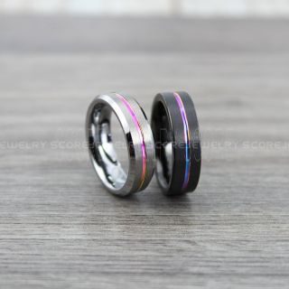 Rainbow Rings, Pride Rings, 2 Piece Couple Set Black & Silver Tungsten Rings with Rainbow Groove, Rainbow Wedding Bands, Rainbow Wedding Rings