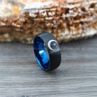 Moon Ring, Star Ring, 8mm Black Tungsten Band with Domed Edge Blue Interior Moon and Stars Wedding Ring, Black Tungsten Ring, Black Wedding Band