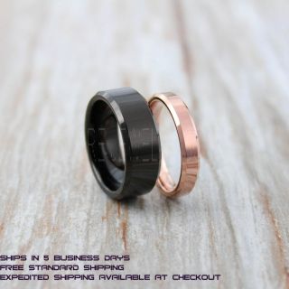 Classic Black & 14K Rose Gold Tungsten Rings, Rose Gold Tungsten Wedding Bands, 2 Piece Couple Set Black Wedding Bands, Rose Gold Wedding Rings, Rose Gold Tungsten Wedding Rings