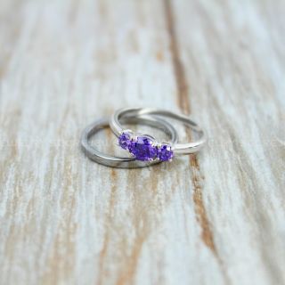 Silver Wedding Band, Silver Wedding Ring, 2 Piece Wedding Ring Set 2mm Silver Tungsten Band and 3mm .925 Sterling Silver Three Stone Engagement Ring