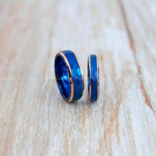 Hammered Rings, 2 Piece Couple Set Wedding Rings, Blue Wedding Bands, Blue Hammered Tungsten Bands, Blue Wedding Rings, Blue Tungsten Wedding Rings
