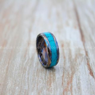 Turquoise Ring, Turquoise Wedding Band, Blue Tungsten Band Turquoise Inlay, Damascus Steel Pattern Laser Engraved, Turquoise Tungsten Wedding Ring