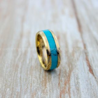 Turquoise Ring, Turquoise Wedding Band, 14K Yellow Gold Tungsten Band Turquoise Inlay, Damascus Steel Pattern Laser Engraved, Turquoise Tungsten Wedding Ring