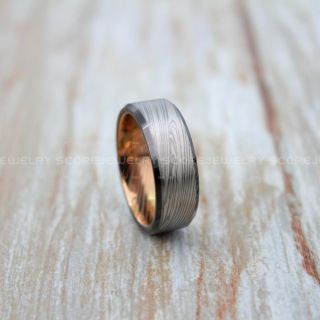 Gunmetal Ring, Damascus Steel Ring, Rose Gold Ring, Rose Gold Tungsten Band, Damascus Steel Pattern Laser Engraved Tungsten Wedding Ring