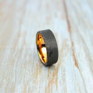 Damascus Steel Ring, Damascus Ring, Damascus Jewelry, Damascus Steel Wedding Ring, Damascus Steel Pattern Laser Engraved Tungsten Wedding Ring, Black Wedding Band