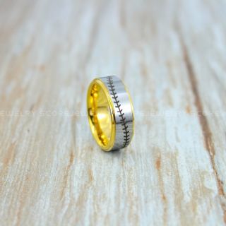 Baseball Ring, Baseball Stitch Pattern Ring, 14K Yellow Gold Tungsten Ring, Yellow Gold Ring, Yellow Gold Wedding Band, Yellow Gold Wedding Ring, Baseball Stitch Ring, Yellow Gold Wedding Band