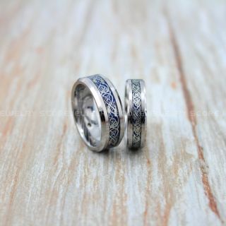 Dragon Ring, Dragon Inlay Ring, Celtic Ring, Damascus Steel Silver Tungsten Ring, Silver Wedding Band, Silver Tungsten Ring with Black Carbon Fiber and Silver Celtic Dragon Inlay Ring