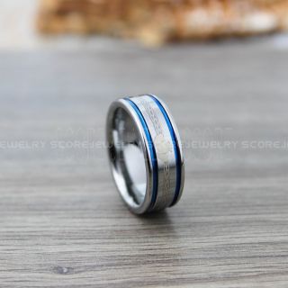 Claddagh Ring, 8mm Silver Tungsten Wedding Band with Blue Grooves Irish Claddagh Ring Silver Tungsten Wedding Band