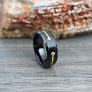 Classic 8mm Black Tungsten Band with Two White AAAAA Cubic Zirconia Center Stones and 14K Yellow Gold Groove, Black Tungsten Wedding Ring