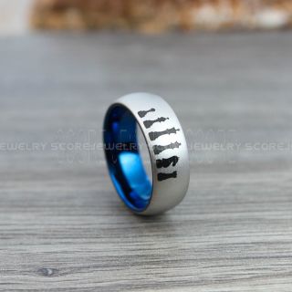 Chess Ring, Chess Jewelry, 8mm Black Tungsten Band with Domed Edge, Pawn Ring, Rook Ring, Knight Ring, Bishop Ring, Queen Ring, King Ring, Chess Pieces Laser Engraved