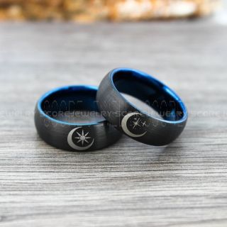 Moon Rings, Stars Rings, 2 Piece Couple Set 8mm Black Tungsten Bands with Domed Edge Blue Interior, Moon and Stars Wedding Rings, Black Tungsten Rings, Black Wedding Bands