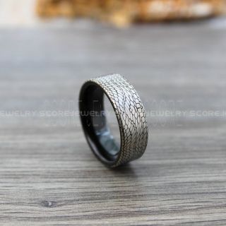 Snake Ring, Snake Skin Ring, Snake Scale Ring, Reptile Ring, Black Tungsten Band with Flat Edge Snake Skin, Scale Pattern Ring- 8mm or 6mm Tungsten Ring