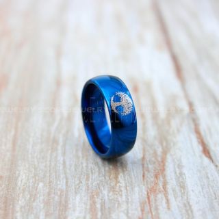 Tree of Life Ring, Tree of Life jewelry, 8mm Blue Tungsten Band with Domed Edge Tree of Life Ring, Yoga Ring, Yoga Jewelry, Blue Wedding Band