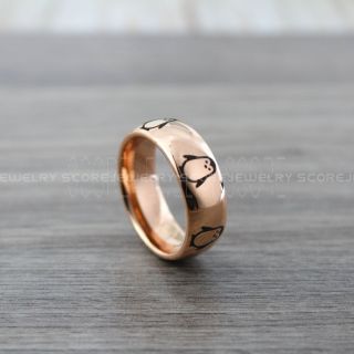 Penguin Ring, Penguins Ring, 14K Rose Gold Ring, Rose Gold Wedding Ring, Rose Gold Tungsten Band, Tungsten Wedding Ring, Rose Gold Wedding Band