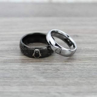 Penguin Rings, Penguins Rings, 2 Piece Couple Set Baby Penguin Rings, Black Tungsten Rings, Black Tungsten Bands, Tungsten Wedding Rings, Penguin Couples Rings, Black Wedding Rings