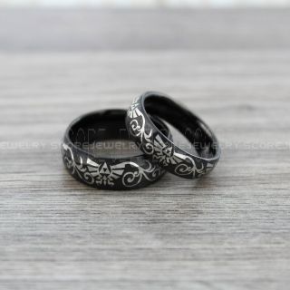 Zelda Ring, Gamer Ring, 2 Piece Couple Set Legend of Zelda Rings, Zelda Wedding Rings, Zelda Wedding Bands, Hammered Black Tungsten Rings, Black Wedding Bands