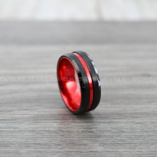 Classic 8mm Black Tungsten Ring with Beveled Edge Red Groove and  Red Interior, Black Wedding Band, Black Wedding Ring, Black Tungsten Wedding Ring