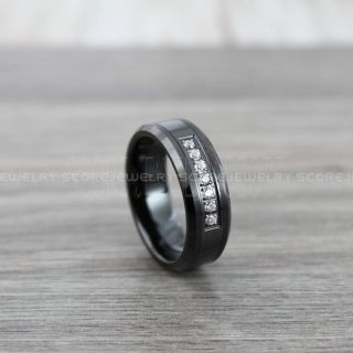 Classic 8mm Black Tungsten Band with Seven White AAAAA Cubic Zirconia Center Stones Black Tungsten Wedding Ring
