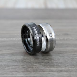 Classic 8mm Tungsten Rings, 2 Piece Couple Set Tungsten Wedding Bands with AAAAA White CZ Stone, Tungsten Wedding Band, Silver Wedding Ring, Black Tungsten Wedding Ring
