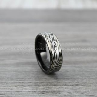 Damascus Steel Ring, Damascus Steel Wedding Band, Black Ring, Black Tungsten Band Damascus Steel Pattern Laser Engraved Tungsten Wedding Ring