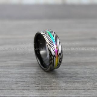 Rainbow Ring, Damascus Steel Ring, Pride Ring, Black Tungsten Ring with Rainbow Groove, Rainbow Wedding Ring, Rainbow Wedding Band, Black Tungsten Wedding Ring