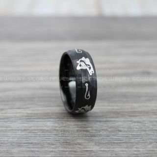 Fishing Ring, Fish Hook Ring, Bass Ring, Bass Fishing Ring, Black Ring, Black Tungsten Ring, Black Wedding Band, Hunting Ring, Fish Hooks Wedding Band