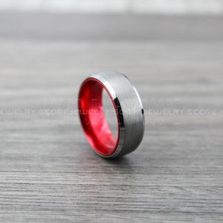 Classic 8mm Silver Tungsten Ring with Domed Edge and Red Interior, Silver Wedding Band, Silver Wedding Ring, Silver Tungsten Wedding Ring