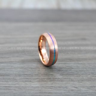 Rainbow Ring, Rainbow Wedding Band, 14K Rose Gold Tungsten Band Beveled Edge Center Rainbow Groove, 6mm 14K Rose Gold Tungsten Wedding Band