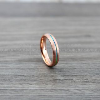 Rainbow Ring, Rainbow Wedding Band, 14K Rose Gold Tungsten Band Domed Edge Center Rainbow Groove, 4mm 14K Rose Gold Tungsten Wedding Band
