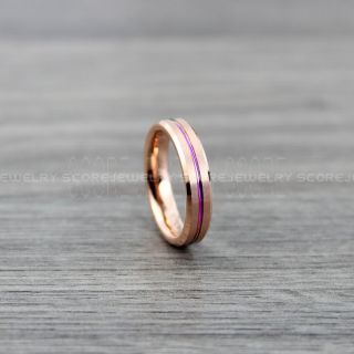 Rainbow Ring, Rainbow Wedding Band, 14K Rose Gold Tungsten Band Beveled Edge Center Rainbow Groove, 4mm 14K Rose Gold Tungsten Wedding Band