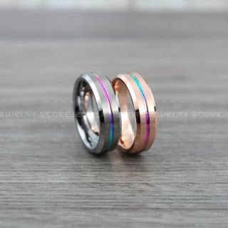 Rainbow Rings, Pride Rings, 2 Piece Couple Set Rose Gold & Silver Tungsten Rings with Rainbow Groove, Rainbow Wedding Bands, Rainbow Wedding Rings