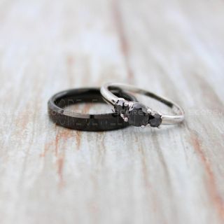 Black Wedding Band, Black Wedding Ring, 2 Piece Wedding Ring Set, 4mm Black Tungsten Band and 3mm 925 Sterling Silver Three Stone Engagement Ring
