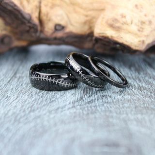 Baseball Rings, 3 Piece Couple Set Baseball Rings, Baseball Stitch Pattern Rings, Black Tungsten Rings, Black Rings, Black Wedding Bands, Black Wedding Rings, Baseball Stitch Rings, Black Tungsten Bands