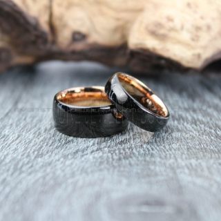 Black Tungsten Wedding Bands with 14K Rose Gold Interior, Black Tungsten Wedding Rings, 2 Piece Couple Set Black Tungsten Rings