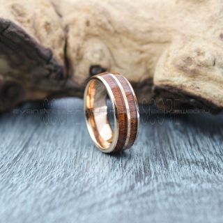 Koa Wood Ring, Koa Wood Wedding Band, 8mm 14K Rose Gold Tungsten Band with Domed Edge and Koa Wood Inlay, Koa Wood Tungsten Wedding Ring