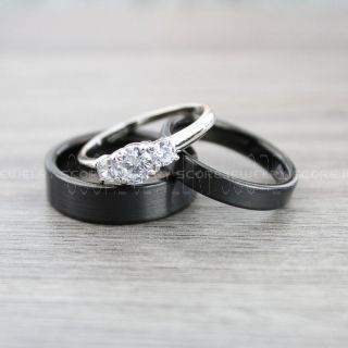 3 Piece Couple Set Wedding Rings, Black Wedding Bands, Black Tungsten Bands, Black Wedding Rings, Black Tungsten Wedding Rings