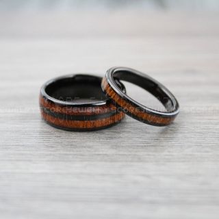 Koa Wood Ring, Wood Ring, 2 Piece Couple Set Koa Rings, Koa Wood Wedding Rings, Koa Wood Wedding Bands, Black Wedding Bands, Black Tungsten Rings