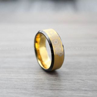 Doctor Who Ring, Gallifreyan Ring Doctor Who Jewelry, Doctor Who Wedding Band, Doctor Who Wedding Ring, 8mm 14K Yellow Gold Tungsten Ring