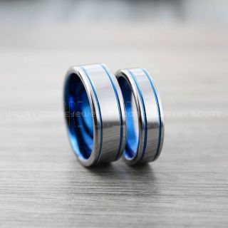 Silver Tungsten Ring, Silver Tungsten Wedding Band, Silver Wedding Band with Blue Grooves, Blue Wedding Ring, Blue Tungsten Wedding Ring