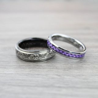 Zelda Ring, Zelda Wedding Ring, Zelda Wedding Band, Black Tungsten Wedding Ring, Couple Ring Set, Purple Wedding Ring, Purple Wedding Band