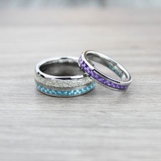 2 Piece Couple Set silver Tungsten Rings, Silver Tungsten Rings, Silver Wedding Bands, Silver Tungsten Rings with Carbon Fiber Inlay