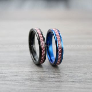 2 Piece Couple Set Black Tungsten Rings, Blue Tungsten Rings, Black Wedding Bands, Black Tungsten Rings with Pink Carbon Fiber Inlay