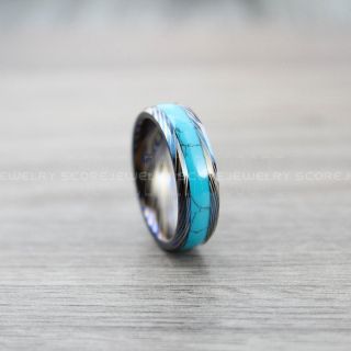 Turquoise Ring, Turquoise Wedding Band, Blue Tungsten Band Turquoise Inlay, Damascus Steel Pattern Laser Engraved, Turquoise Tungsten Wedding Ring