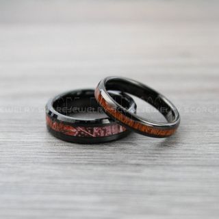 Camouflage Rings, Camo Rings, Koa Wood Ring, 2 Piece Couple Set Camo Wedding Rings, Black Tungsten Wedding Bands, Black Camo Rings