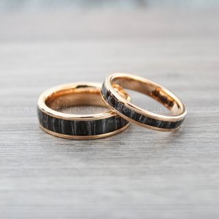Koa Wood Rings, 2 Piece Couple Set Koa Wood Wedding Bands, 6mm & 4mm 14K Rose Gold Tungsten Bands with Koa Wood Inlay, Rose Gold Wedding Rings, Rose Gold Wedding Bands, Rose Gold Wood Rings