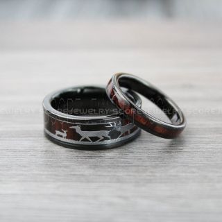 Deer Hunting Ring, Elk Hunting Ring, Deer Hunting Tungsten Ring, 2 Piece Couple Set Koa Wood Rings with Deer Family Inlay Tungsten Wood Ring Buck Ring Doe Ring Deer Wedding Ring